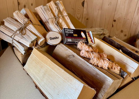 25KG Brennholz Feuerholz Birke im Karton, ofenfertige 25-cm-Scheite – sauber verpackt im Umkarton, inkl. Startpaket: 2× Anzündspreißelbündel, 6× Holzwolle-Anzünder & 1× Streichholzschachtel