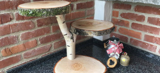 Etagere für Torten, Kuchen, Nachspeisen oder Sektempfang, aus Birkenholz, Tortenständer 3-stöckig, 4-stöckig aus Baumscheiben Birkenscheiben